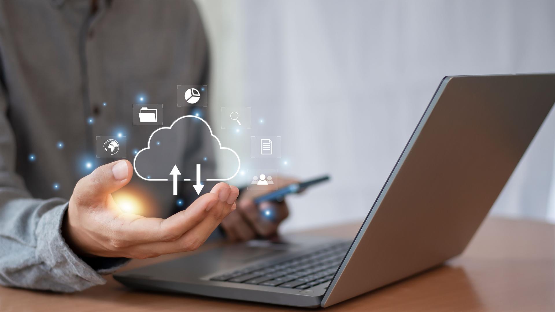 Cloud computer showing in hand, cloud technology storage data transfer internet storage network technology